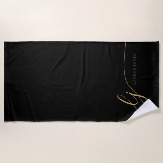 Serviette De Plage Monogramme Moderne Élégant Noir Initiales Script (Devant)