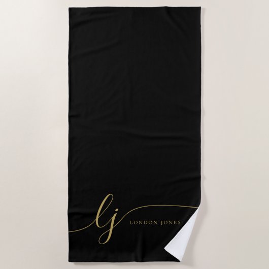 Serviette De Plage Monogramme Moderne Élégant Noir Initiales Script (Devant)