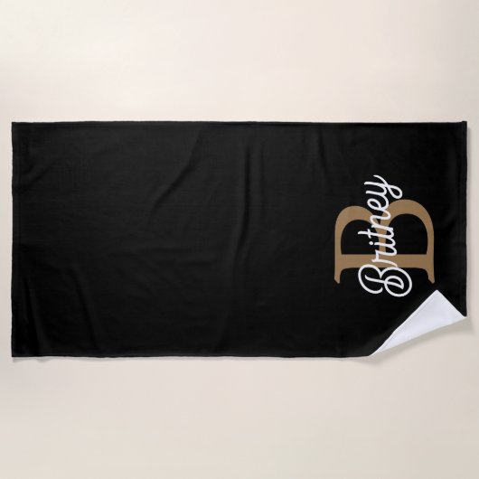 Serviette De Plage Monogramme moderne élégant Nom Black Gold Script (Devant)