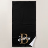 Serviette De Plage Monogramme moderne élégant Nom Black Gold Script (Devant)