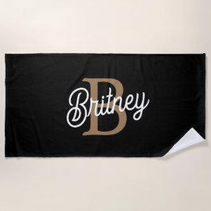 Serviette De Plage Monogramme moderne élégant Nom Black Gold Script