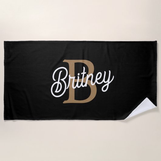 Serviette De Plage Monogramme moderne élégant Nom Black Gold Script (Devant)