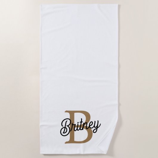 Serviette De Plage Monogramme moderne élégant Nom Black Gold Script (Devant)