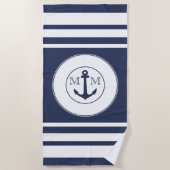Serviette De Plage Monogramme moderne marine bleu blanc rayures (Devant)