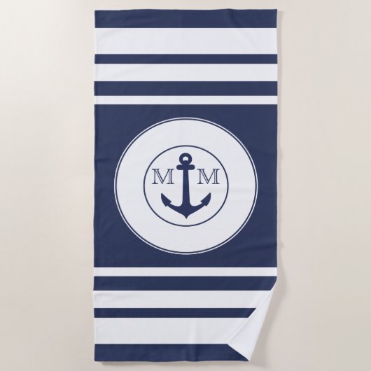 Serviette De Plage Monogramme moderne marine bleu blanc rayures (Devant)