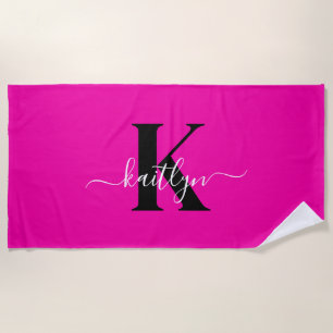 Serviette De Plage Monogramme moderne noir écriture cursive rose chau