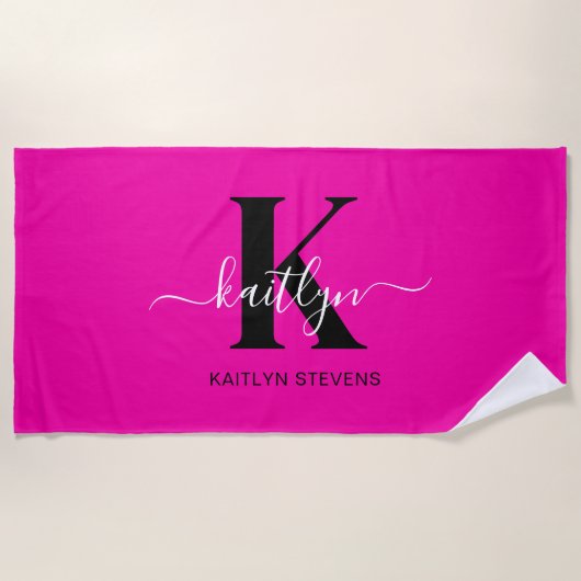 Serviette De Plage Monogramme moderne noir écriture cursive rose chau (Devant)