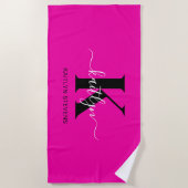 Serviette De Plage Monogramme moderne noir écriture cursive rose chau (Devant)