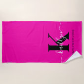Serviette De Plage Monogramme moderne noir écriture cursive rose chau (Devant)
