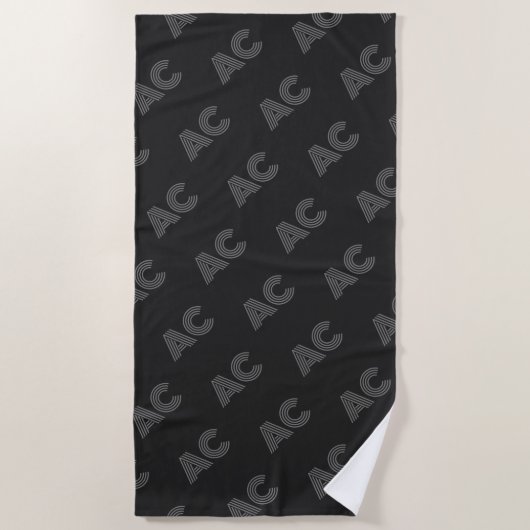 Serviette De Plage Monogramme moderne noir et gris (Devant)