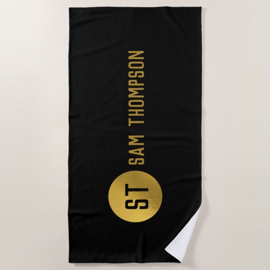Serviette De Plage Monogramme moderne noir & or élégant personnalisé (Devant)