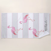 Serviette De Plage Monogramme moderne Nom Flamant rose rose gris (Devant)