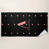 Serviette De Plage Monogramme moderne Nom Rose Gold Black Pois (Devant)