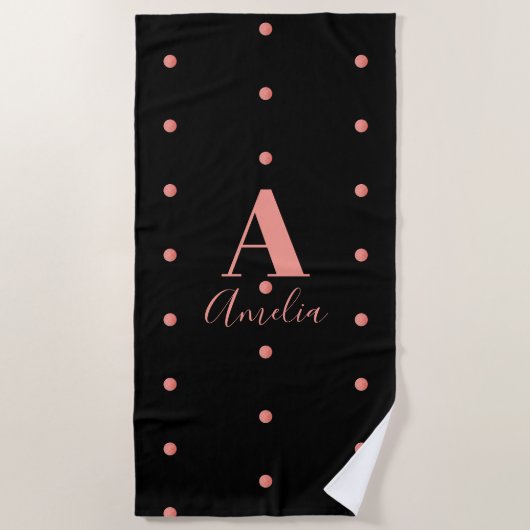 Serviette De Plage Monogramme moderne Nom Rose Gold Black Pois (Devant)