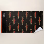 Serviette De Plage Monogramme moderne Poisson Saumon Design Noir Blan (Devant)