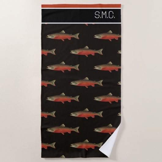 Serviette De Plage Monogramme moderne Poisson Saumon Design Noir Blan (Devant)