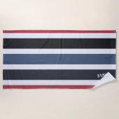 Serviette De Plage Monogramme moderne rayé noir blanc bleu rouge (Devant)