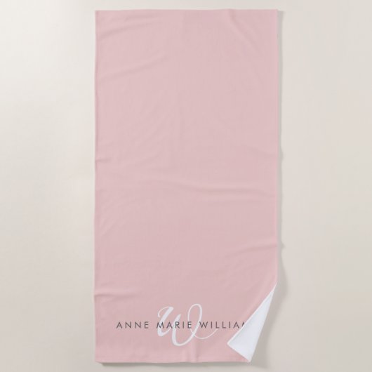 Serviette De Plage Monogramme Moderne Script Rose Pâle Blanc (Devant)