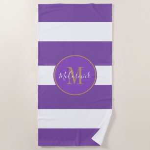 Serviette De Plage Monogramme moderne violet blanc éclats d'or