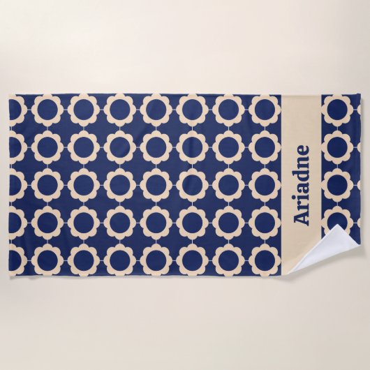 Serviette De Plage Monogramme Motif à fleurs Retro Bleu (Devant)