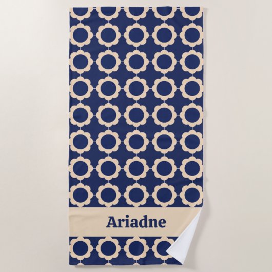 Serviette De Plage Monogramme Motif à fleurs Retro Bleu (Devant)