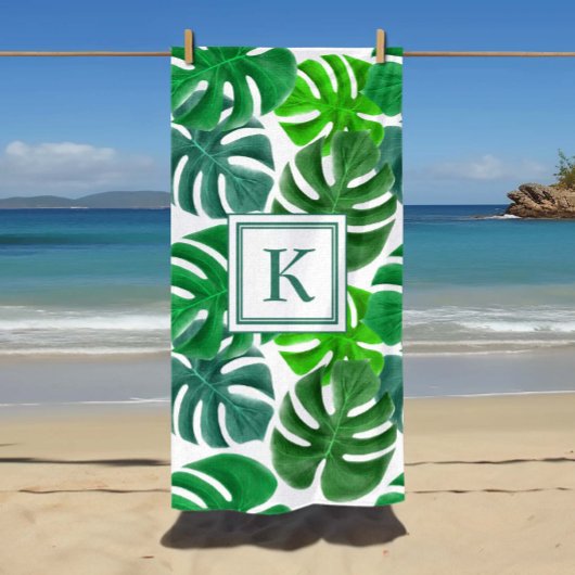 Serviette De Plage Monogramme Motif de feuille de palme tropicale