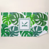 Serviette De Plage Monogramme Motif de feuille de palme tropicale (Devant)