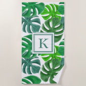 Serviette De Plage Monogramme Motif de feuille de palme tropicale (Devant)