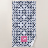Serviette De Plage Monogramme Motif Hawaï rose & Navy (Devant)