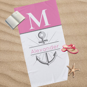 Serviette De Plage Monogramme nautique Ancre rose de Preppy