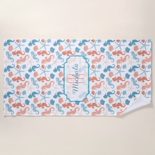 Serviette De Plage Monogramme Nautique Bleu Tangérine (Devant)