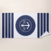 Serviette De Plage Monogramme Nautique Moderne Marine Bleu Blancs (Devant)
