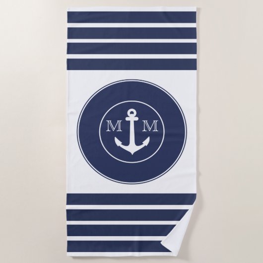 Serviette De Plage Monogramme Nautique Moderne Marine Bleu Blancs (Devant)