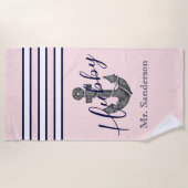 Serviette De Plage Monogramme nautique rose et Ancre bleu marine (Devant)