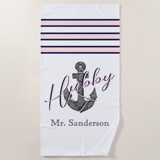 Serviette De Plage Monogramme nautique rose et Ancre bleu marine (Devant)