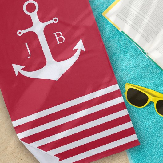 Serviette De Plage Monogramme nautique rouge blanc Ancre de bande