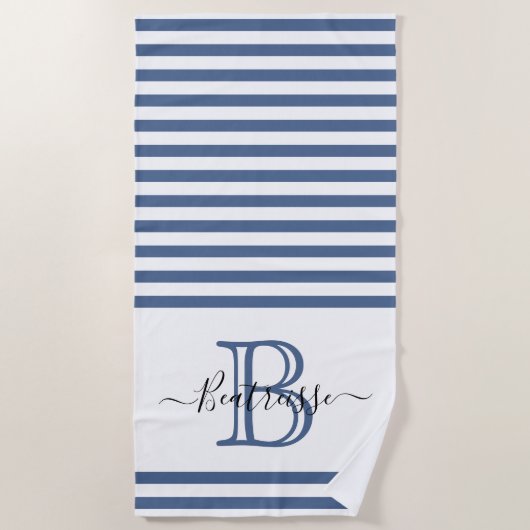 Serviette De Plage Monogramme nautique simple de la ligne bleue de la (Devant)