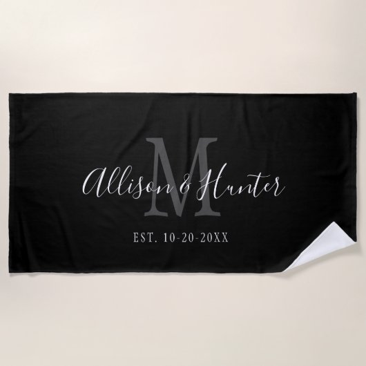 Serviette De Plage Monogramme noir blanc nouveau marié Mariage person (Devant)