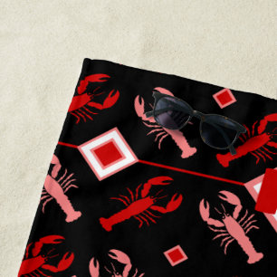 Serviette De Plage Monogramme noir et rouge Homard Thème côtier