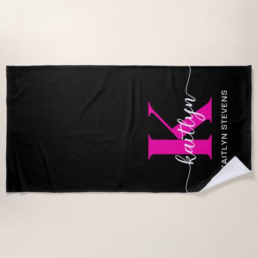 Serviette De Plage Monogramme noir rose (Devant)