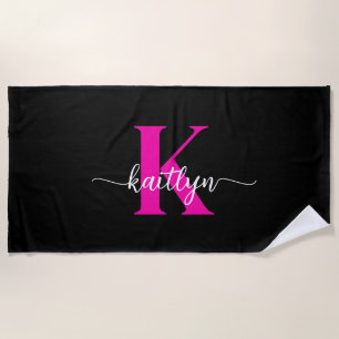 Serviette De Plage Monogramme noir rose