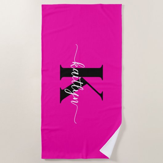 Serviette De Plage Monogramme noir rose chaud (Devant)