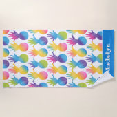 Serviette De Plage Monogramme Nom Bleu Tropical Ananas (Devant)