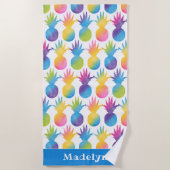 Serviette De Plage Monogramme Nom Bleu Tropical Ananas (Devant)