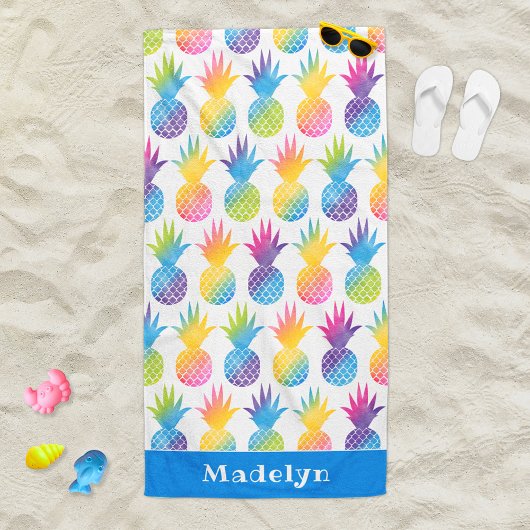 Serviette De Plage Monogramme Nom Bleu Tropical Ananas
