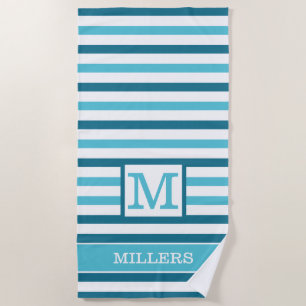 Serviette De Plage Monogramme Nom De Famille Aqua Bleu Et Blanc Gratt