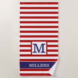 Serviette De Plage Monogramme Nom de famille Blue Red Cabana Stripe