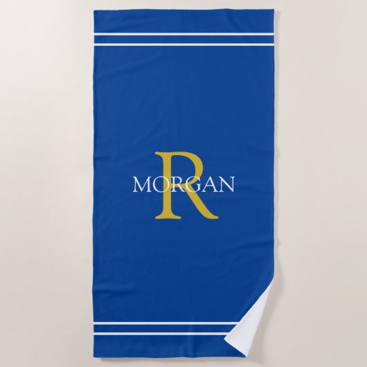 Serviette De Plage Monogramme/Nom Or/Wht Texte Bleu, Bleu Profond (Devant)