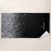 Serviette De Plage Monogramme Nom Paillettes Argent Noir Fille (Devant)