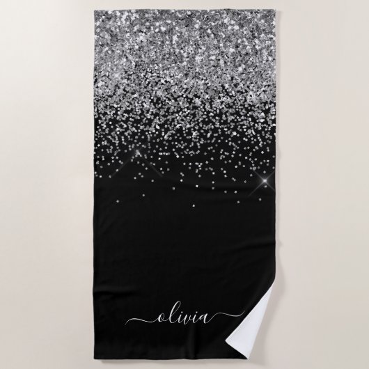 Serviette De Plage Monogramme Nom Paillettes Argent Noir Fille (Devant)